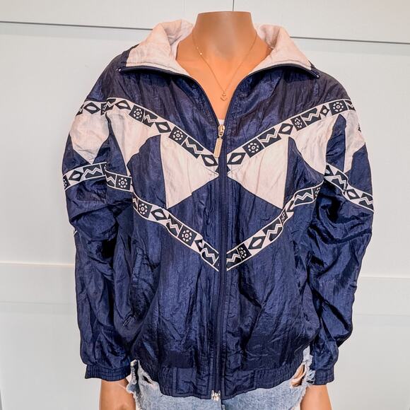 1990s Vintage Janeve Bomber Jacket Navy/White Geometric Pattern-Womens Medium - Picture 3 of 10